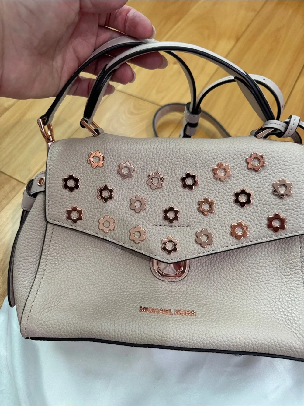 Michael Kors Cream Leather Top-Handle Satchel with Rose Gold Floral Studs